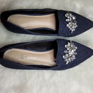 Katie and Kelly Lovelian Flats, Navy Blue, Jeweled Pearl Brooch, Slip on Loafers